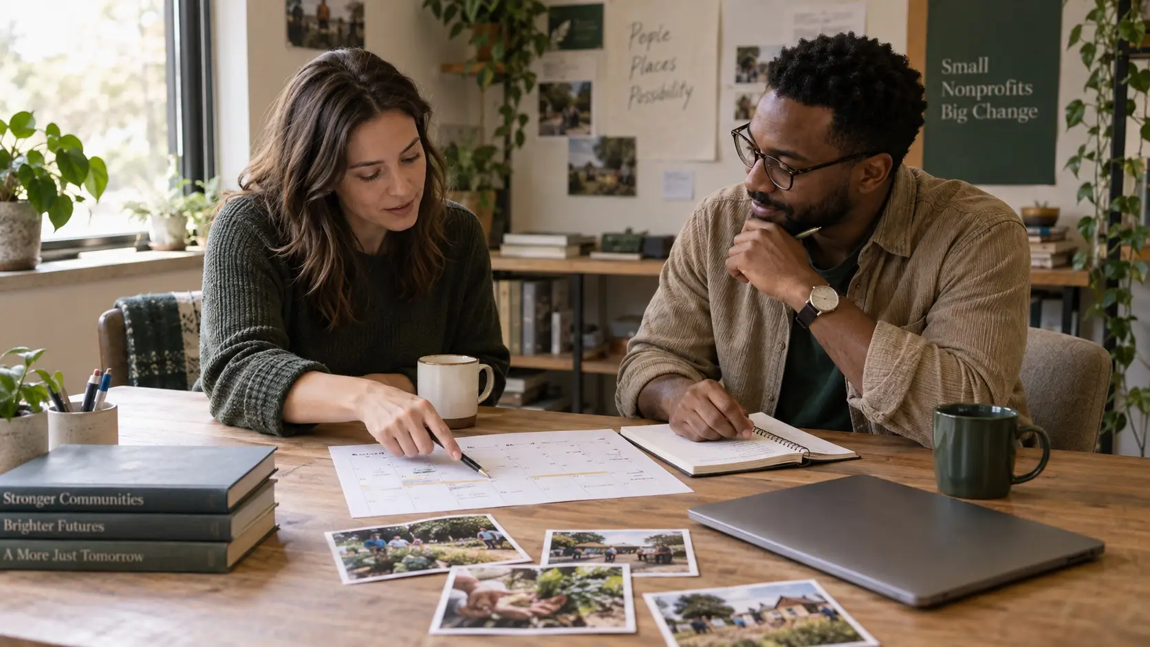 Two nonprofit teammates plan a year-end giving campaign at a table.